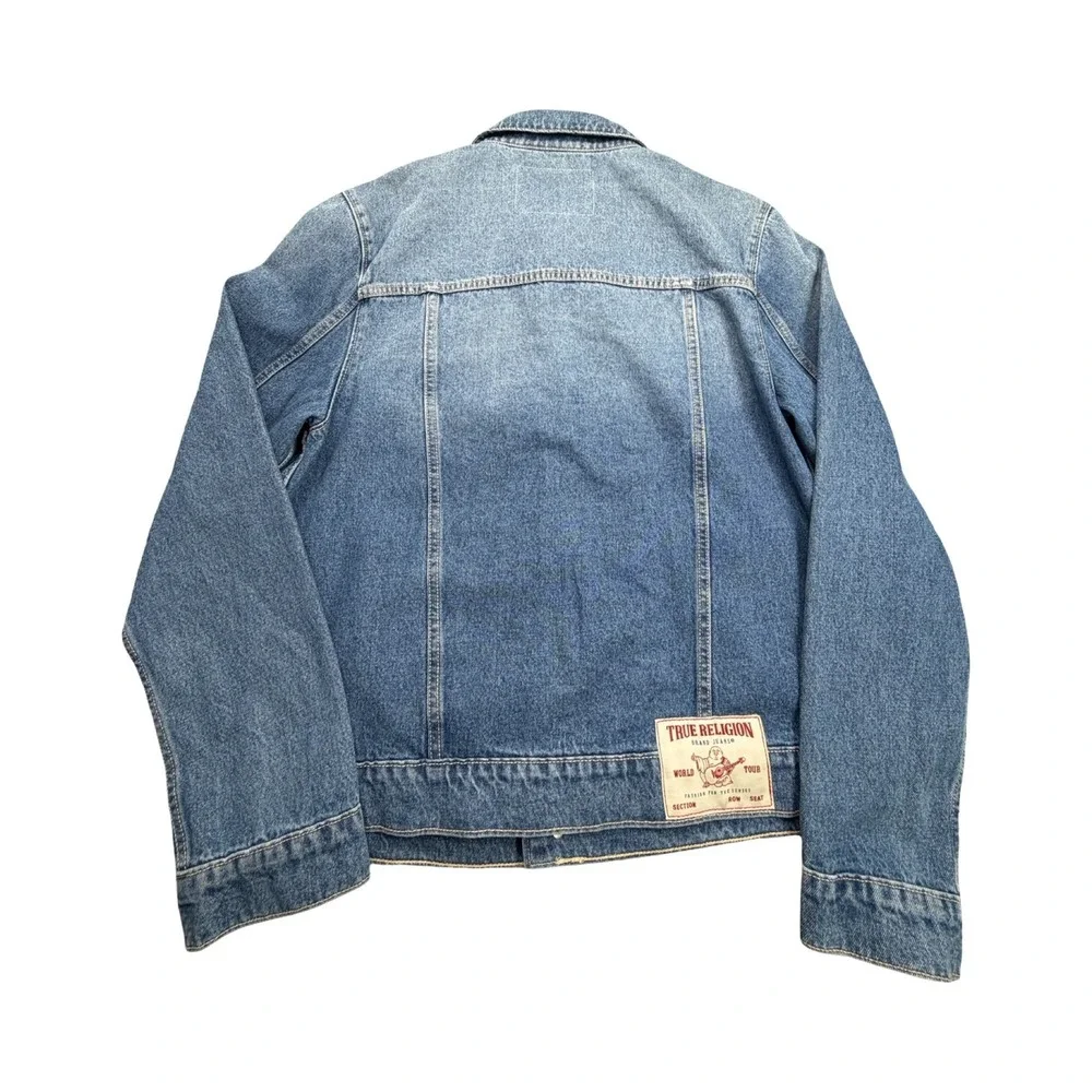 True Religion Denim Jacket Mens Medium Blue World Tour Trucker Horseshoe Stitch